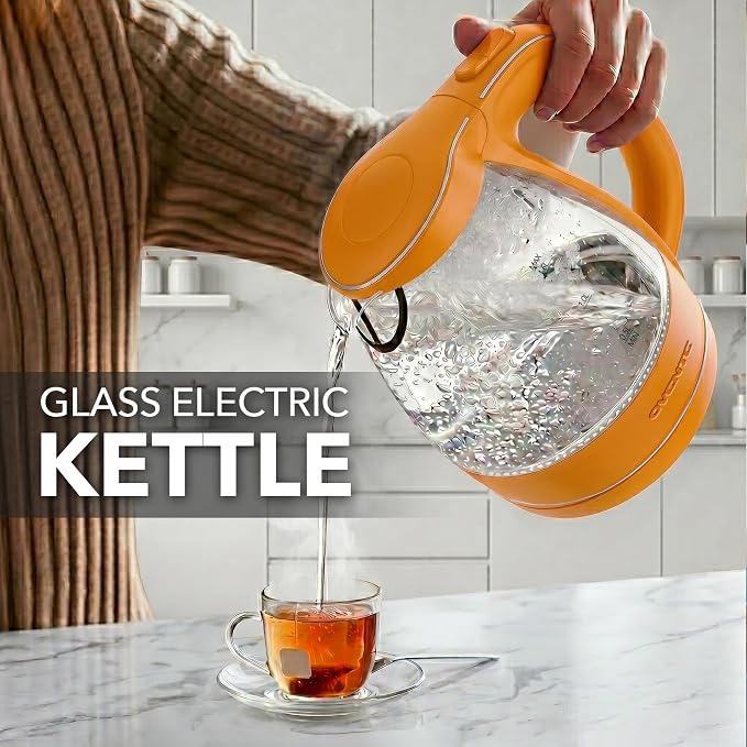 OVENTE Electric Kettle, 1.5L Borosilicate Glass Countertop Water Heater and Boiler for Coffee or Tea, BPA-Free, Auto Shut-Off, Boil-Dry Protection, Removable and Washable Spout Filter, Orange KG83O