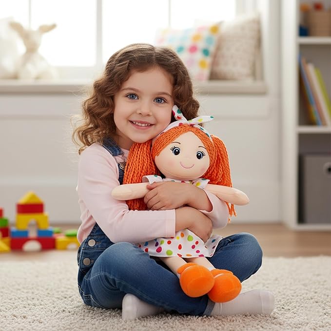 June Garden 18" Snuggle Cuties Bella - Soft Cuddly Plush Doll Gift for Girls - Huggable Rag Doll - Orange L