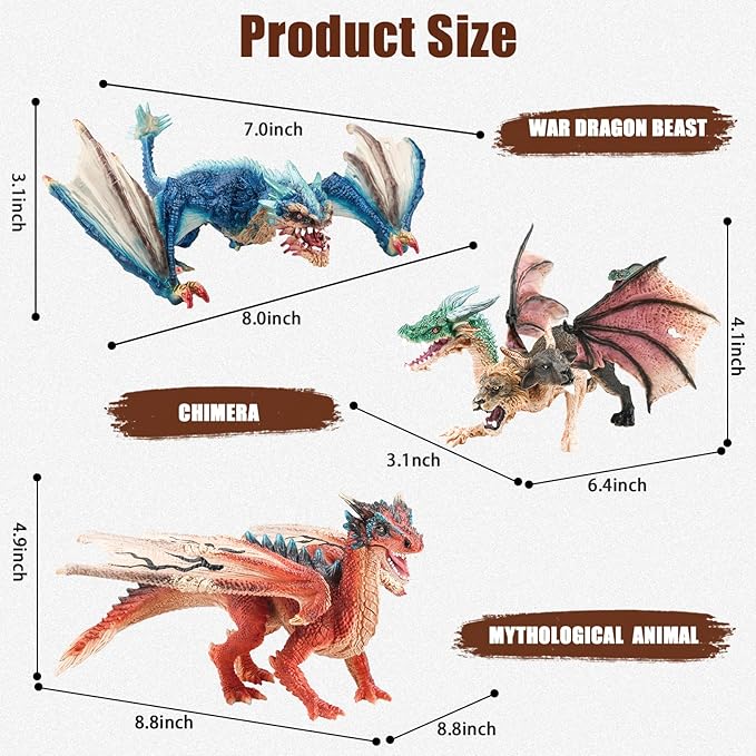 Mostop Dragon Toy Figures, 9’’ Realistic Battle Dragon Toys, 3 PCS Ancient Flying Dragon Figurines Plastic Fire Creature Dragon Models Decoration,Dragon Action Figure Kids Toys for Boys Girls Age 3+