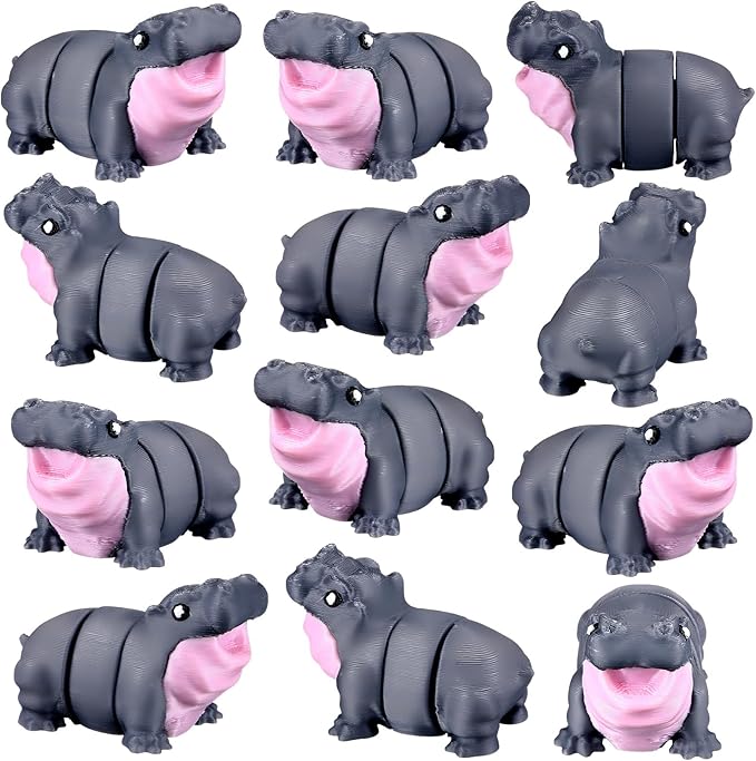 Honoson 12 Pcs 3D Printed Fidget Toy 3D Printed Hippo Small Animal Toy Flexible Cute Articulating Pet Stress Relief Fidget Toys for Play and Display(5cm)