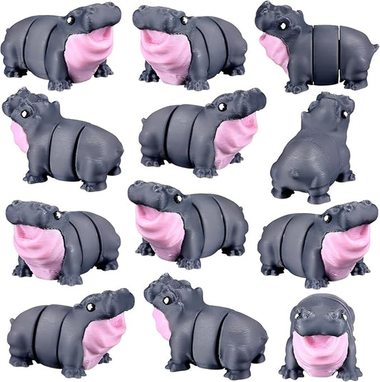 Honoson 12 Pcs 3D Printed Fidget Toy 3D Printed Hippo Small Animal Toy Flexible Cute Articulating Pet Stress Relief Fidget Toys for Play and Display(5cm)