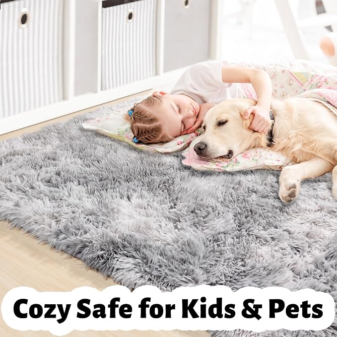 Amdrebio Tie-Dyed Light Grey Fluffy Area Rug 4x6 for Bedroom Dorm Classroom | Plush Shaggy Furry Fuzzy Shag Kids Boys Carpet, Nursery Playroom Office Men Cave Living Room Decor, Cool Farmhouse Aesthetic