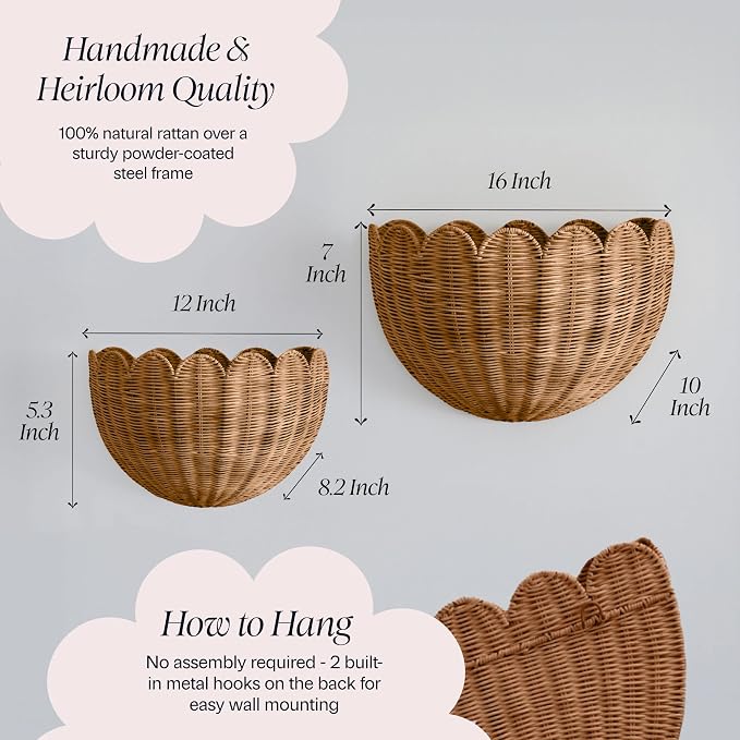 BEBE BASK The Original Scalloped Wicker Wall Basket – Set of 2 (16x10x7 In) | Handwoven Scalloped Wall Baskets, Rattan Wall Hanging Baskets, Wall Storage Basket for Nursery, Living Room, Mocca