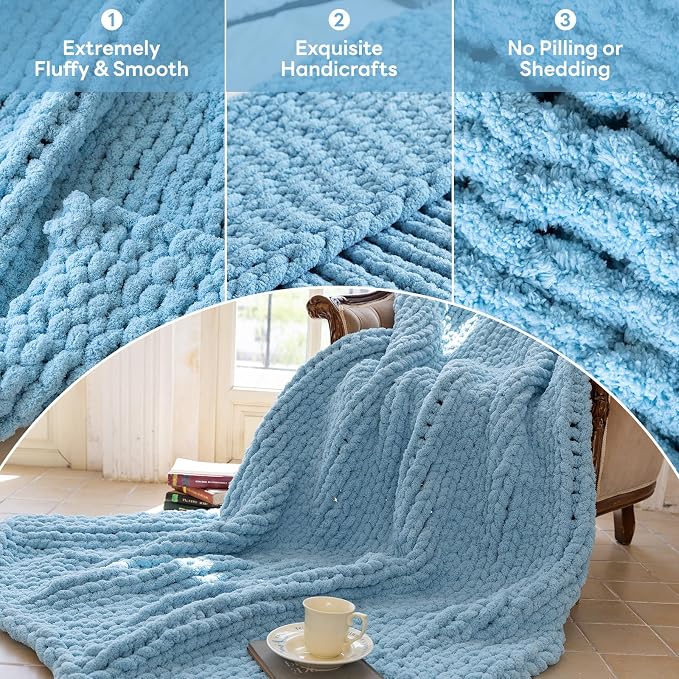 Chunky Knit Blanket - Luxury Soft Cozy 60 * 80 Throw Blanket,100% Woven Blanket Rope Knot Throw Blanket for Couch, Sofa, Home Decor, Gift - Machine Washable（Light Blue）