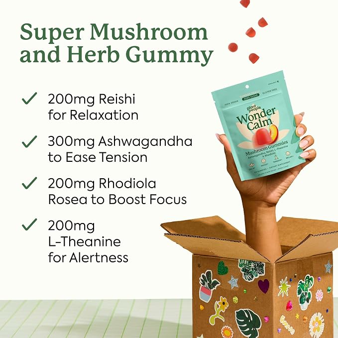 Plant People WonderCalm Mushroom & Ashwagandha Gummies - Natural Calm Gummies to Ease Stress & Boost Mood for Adults Without Sugar, Gluten or Artificial Colors, Vegan-Friendly, Peach Flavor, 60 Count