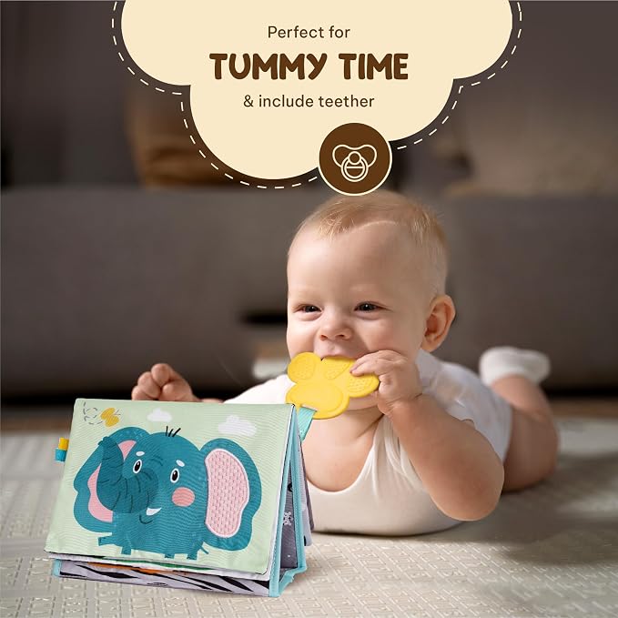 TINITIGIES Tummy Time Mirror for Babies 0-6 Months | High Contrast Black & White Baby Book with Silicone Teether & Crinkle Pages | Sensory Newborn Tummy Time Toys