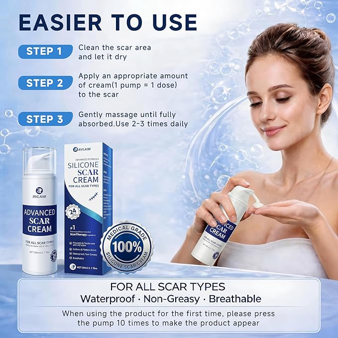 Rvlaim Silicone Scar Cream Scar Gel, Advanced Scar Removal Cream for Surgical Scars, Acne Marks, Stretch Marks, Keloids, C-Section, Burns, Old and New Scars, 1.7 fl oz