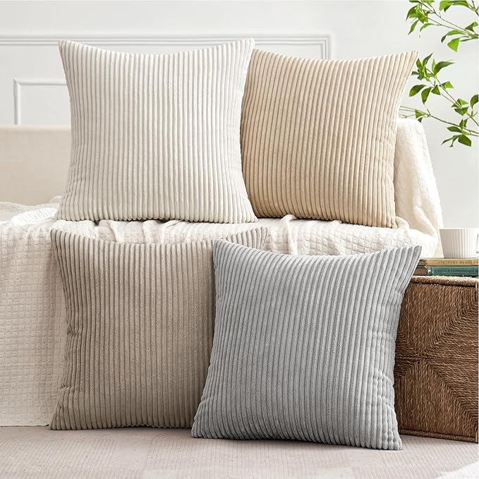 MIULEE Soft Corduroy Decorative Throw Pillow Covers Neutral Tan 18x18 | Set of 4, Mordern Nordic Decor, Cozy Cream Grey Collection, Boho Farmhouse Cushion Covers for Couch Bed Sofa Living Room