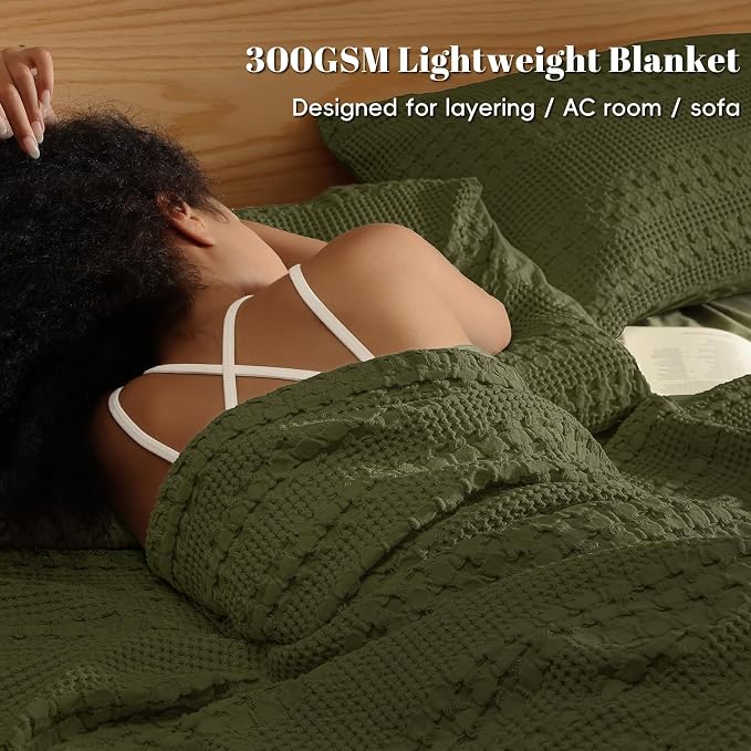 PHF 100% Cotton Waffle Weave Blanket King Size, Lightweight Breathable Summer Blanket for Hot Sleepers, Pre-Washed Soft Layer for Bed, Couch, Home Decor Gift, 108"x90", Capulet Olive