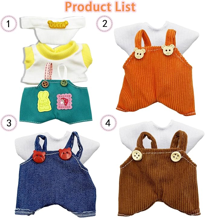 Doll Clothes for Labubu,Cute Outfit for 17cm Doll Clothe 2/3PCS Clothes and Hats Stylish Dolls Clothe for 17 cm Labubu,Casual Style Costumes for Labubu Dolls (Four-Color Overalls Set 4)