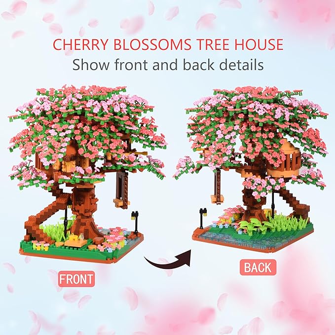 Cherry Blossom Tree Building Block Set Gift for Adults Girls Boys 14+, Cherry Bonsia Treehouse Micro Building Blocks, Japanese Sakura Flowers House 2138PCS