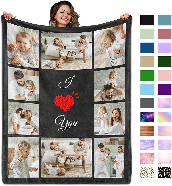 Custom Blanket with Picture Text, Personalized 10 Photo Blanket, HD Printing Customized Flannel Throw Blanket Gifts for Mom Dad Couple Girlfriend Boyfriend Wife Husband Christmas