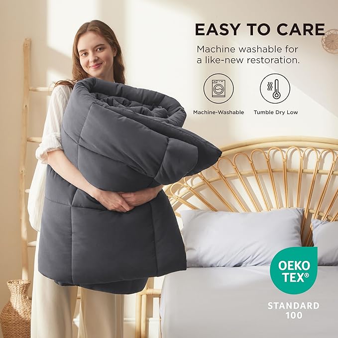 Bedsure Comforter Duvet Insert - Quilted Comforters Queen Size, All Season Duvet, GentleSoft Down Alternative Bedding Blanket, with 8 Tabs, Gifts for Women/Men, Dark Grey, Queen Plus, 90x90 Inches
