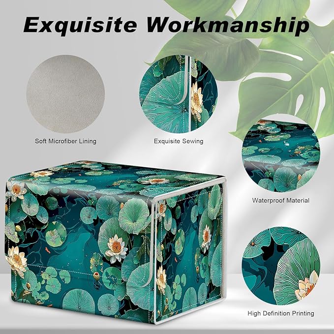 Card Game Storage Box TCG Deck Box MTG Card Box Organizer Trading Card Case Commander Deck Box TCG Card Storage Box Magnetic Closure Creative Pattern Up to 200 Cards, Green Pond Lotus Leaves