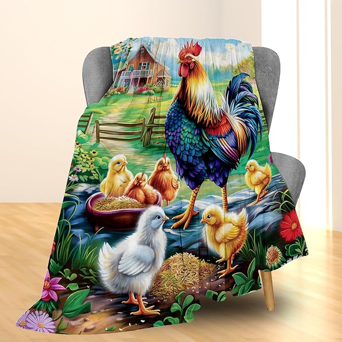 Chicken Farmhouse Blanket, Soft Warm Lightweight Animal Flannel Throw Blanket for Couch, Bed, Travel, Home Decor, Cozy Fuzzy Blankets for Women Girls 50×40 in