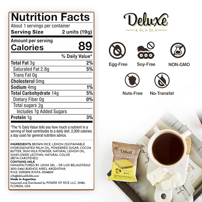 Deluxe & Bla Bla Rice Cakes 12 Pack – Whole Grain, Gluten-Free, Kosher, Low-Calorie Snack - Coated with Lemon - Healthy & Crunchy Treat - Individually Wrapped, (19g Each)