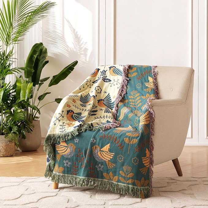 LUTBM Boho Throw Blanket for Bed 60"x80", 100% Cotton Cozy Couch Blankets | Reversible Floral Birds Jacquard Summer Quilt, All-Season, For Chair Sofa Living Room, Lightweight Breathable, Home Decor