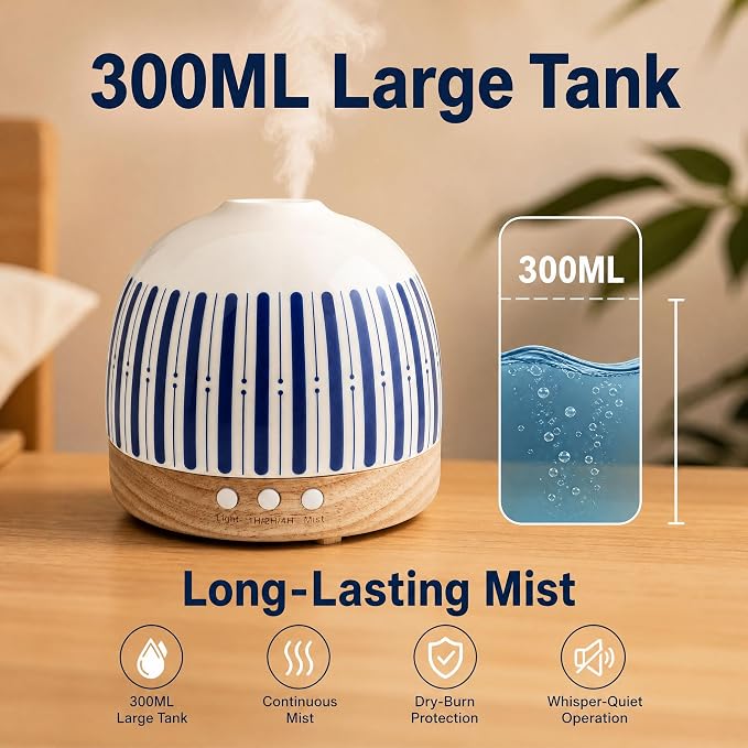 Essential Oil Diffuser Aromatherapy for Large Home, 300ML Aromatherapy Diffuser Humidifier, 3 Color LED Lights, Quiet Cool Mist Diffuser for Bedroom, Office, Gift for Mom Friend Women Gift (Blue)