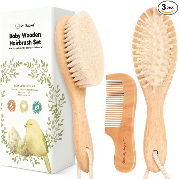 Wooden Baby Hair Brush Set for Newborns, Toddlers - Soft Goat Bristle Baby Brush and Comb Set Newborn Grooming Kit for Cradle Cap Care, Durable & Gentle, Boy, Girl Infant Essentials (Regular, Walnut)
