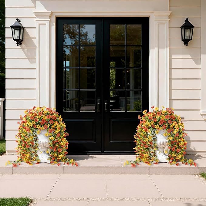 INQCMY Artificial Fake Hanging Flowers Plants for Outdoor Fall Decoration | 2 PCS Faux Silk Daisy with Eucalyptus Leaves,UV Resistant Look Real for Outside Home Planter Porch Patio Balcony Yard Decor