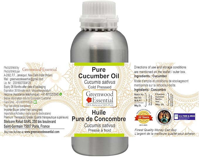 Greenwood Essential Pure Cucumber Oil (Cucumis sativus) Cold Pressed 300ml (10 oz)