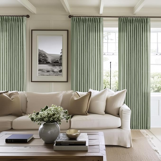 Sage Green Pinch Pleat Semi Sheer Linen Curtains 108 Inches Long 2 Panels | for Living Room Window, Farmhouse Boho, 400GSM Linen Textured, Pinch Pleated with Hooks Rings, Memory Shape, Light Filtering