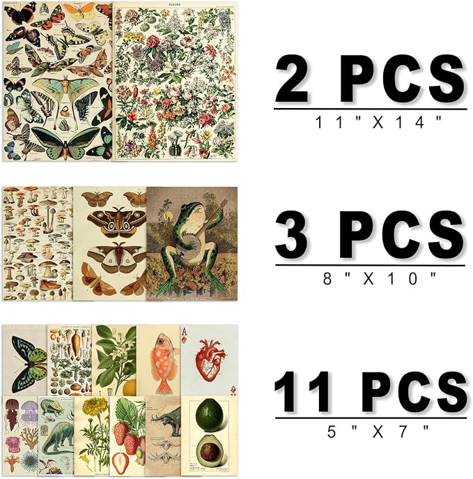 16 PCS Vintage Wall Art Decor, Botanical Cottagecore Wall Collage Kit for Bedroom, Farmhouse Posters for Room Aesthetic, Wall Prints Pictures for Living Room, Rustic Dorm Gallery Home Decor