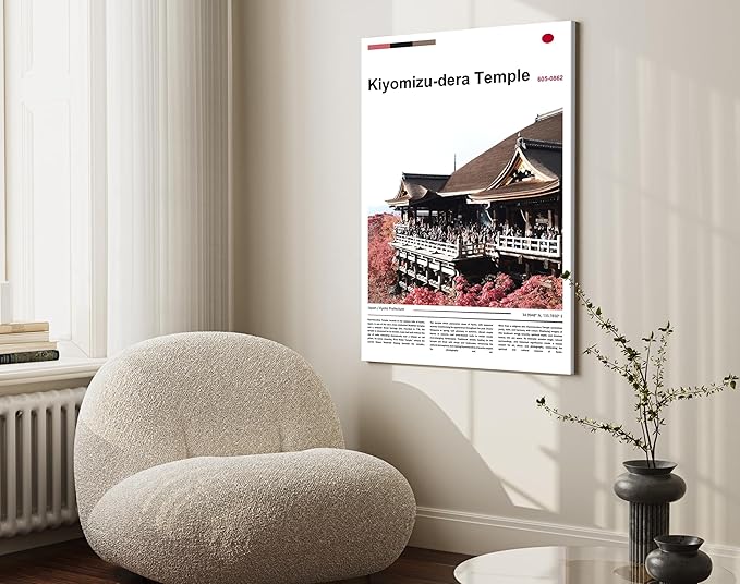 Poster Kiyomizu-dera Temple Wall Art Original Design(17"x11" Metal Frame) Kyoto Japan Pagoda Print Autumn Red Maple Leaf Landscape Scenery Buddhist Shrine Zen Culture Travel Landmark Series Picture