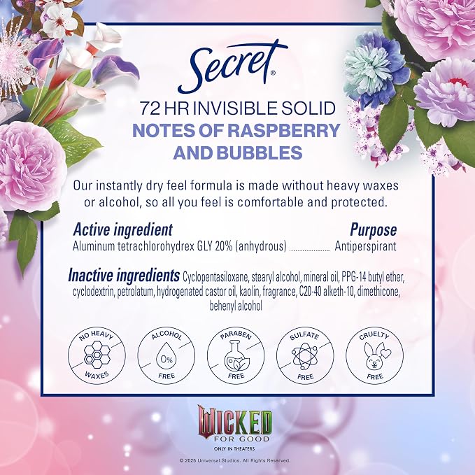 Secret Clinical Strength Antiperspirant Deodorant for Women, Couldn't Be Lovelier, 3X Sweat Protection, 72hr Sweat & Odor Protection, PH Balanced, Invisible Solid, Raspberry & Bubbles Scent, 2.6 oz