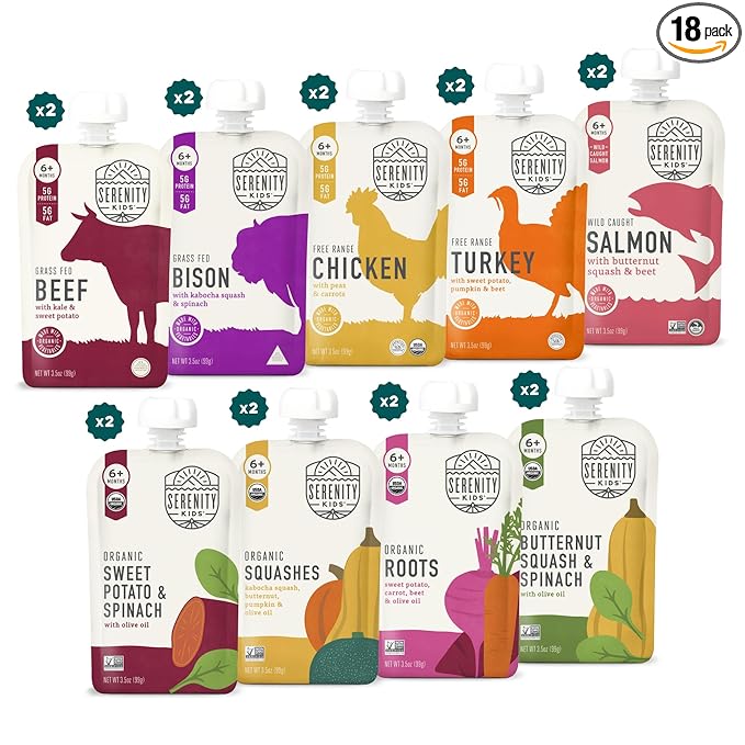 Serenity Kids 6+ Months Baby Food Puree Pouch - 3.5 Oz, 18 Count, Meat & Veggie Mix - Protein-Packed Food Pouches with 5g Protein - No Added Sugar Baby Snacks - Recyclable Containers for Toddler Meals