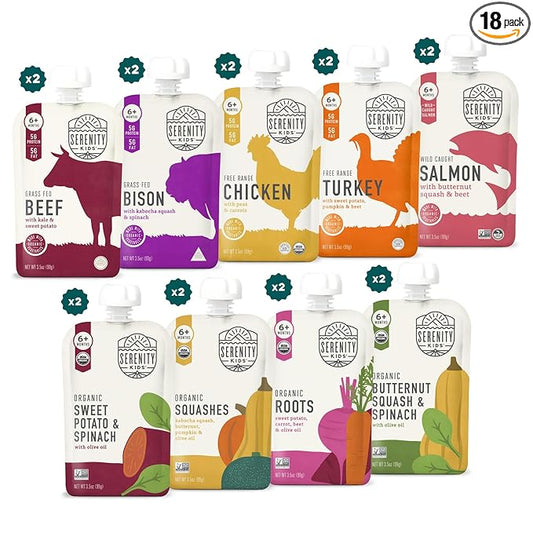 Serenity Kids 6+ Months Baby Food Puree Pouch - 3.5 Oz, 18 Count, Meat & Veggie Mix - Protein-Packed Food Pouches with 5g Protein - No Added Sugar Baby Snacks - Recyclable Containers for Toddler Meals