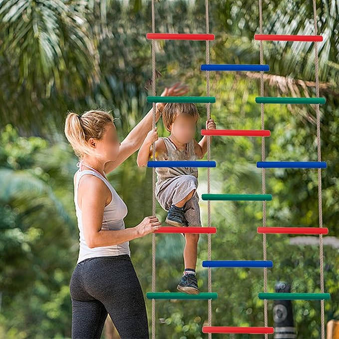 Innovative Rainbow Kids' Wooden Rope Ladder - 3/4/5-Group Connectivity, 14-Inch Wide, Ideal Ninja Warrior Accessory for Tree, Swing & Play (Set2: 3-Interlinked Colorful Ladders)