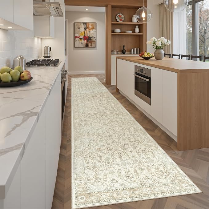 Soalmost Runner Rug 2x12 Washable Hallway Kitchen Runners Beige/Brown | Non-Slip Vintage Rugs for Bathroom Laundry Room, Soft Low Pile Foldable Floor Carpet Mat for Entryway Corridor Bedroom