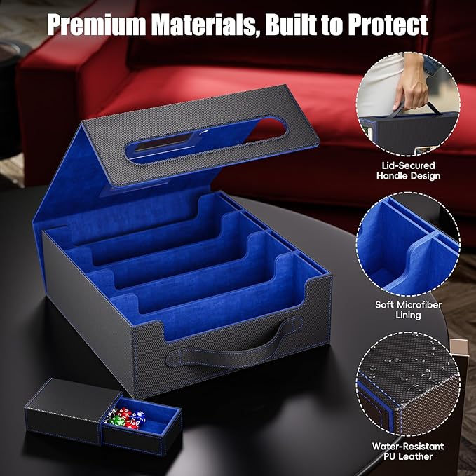 Trading Card Storage Box – 3500+ Magnetic MTG Deck Box with Handle,Commander & Toploader Display, Dice Box,4 Dividers & 30 Color Labels – Fits for TCG,MTG,Yu-Gi-Oh and Sport cards(Black/Blue)