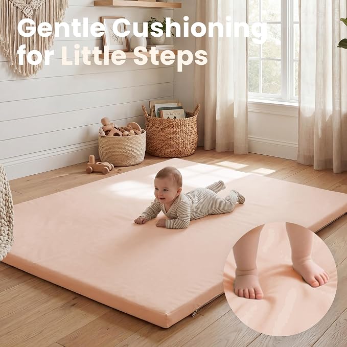 Huloo Sleep Baby Play Mat 65x50 Inches, 1.3" Thick Padded Waterproof Floor Cushion & Playpen Mat with Vegan Leather, Non-Slip & Non-Toxic Nursery Rug for Infants, Toddlers & Kids(Pink)