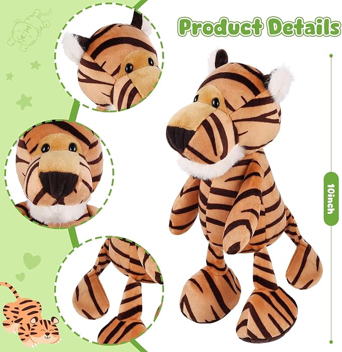 6 Pcs Safari Stuffed Animals Bulk Lion Elephant Monkey Tiger Toy Plush Zoo Animals Junble for Boy Girl Gift Animal Themed Parties Baby Shower Favor(Tiger)