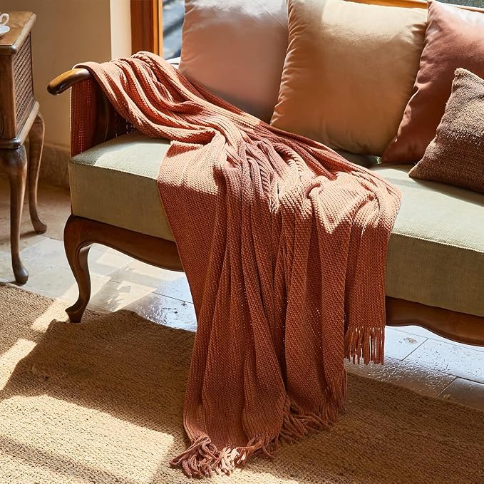 lifein Throw Blanket for Couch, Soft Boho Bed Throw,Cozy Burnt Orange Chenille Knitted Small Spring Lightweight Throw(Rust,50 * 60")