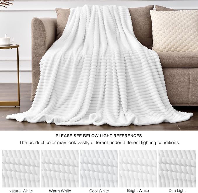 BEDELITE 3D Ribbed Jacquard White King Size Blankets for Bed, 108x90 Inch | Soft Warm Decorative Fluffy Blanket, Cozy Fuzzy Lightweight Plush Fleece Throw Blankets for Bed, Room Decor, Gift for Women