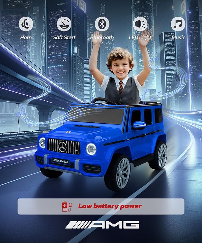 ELEMARA Licensed Mercedes-Benz AMG G63 Ride on Toys,All-Terrain Kids Car with 2.4G Remote Control,Battery Powered Electric Ride On Vehicle w/Bluetooth,Dual Mode of Flashing Light/LED Light,Music,Blue