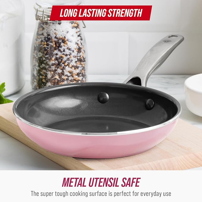 Blue Diamond 8" Diamond Infused Ceramic Nonstick Frying Pan Skillet, Pink | PFAS-Free Ceramic Nonstick, Dishwasher & Oven Safe, Stay Cool Handle, Durable Metal Utensil Safe, Egg & Omelet Pan