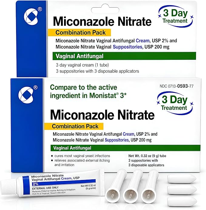 Miconazole Nitrate 3-Day Yeast Infection Treatment - Antifungal Cream & Suppository - Relieves Itching & Irritation, (1) Combination Pack