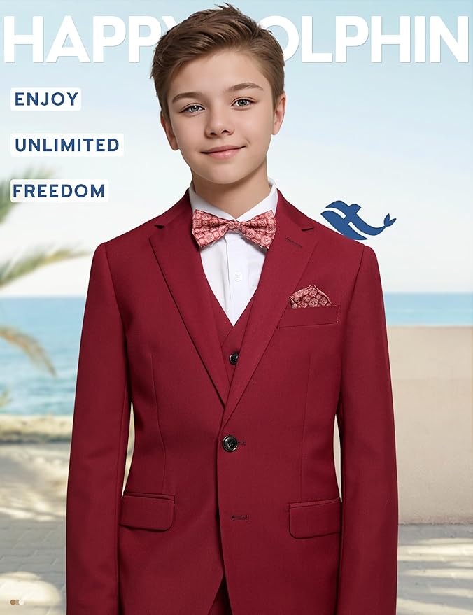 Happy Dolphin Boys Suit Set Modern Fit Kids Suits Adjustable Waist Boys Wedding Outfit for Boy Communion Suits for Boys