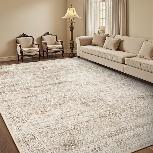 5x7 Area Rug for Living Room Bedroom, Non-Slip Washable Beige Carpet | Soft Neutral Rugs for Dining Room Home Office Indoor Nursery, Stain Resistant, Low Pile, Foldable, Vintage Distressed Rug