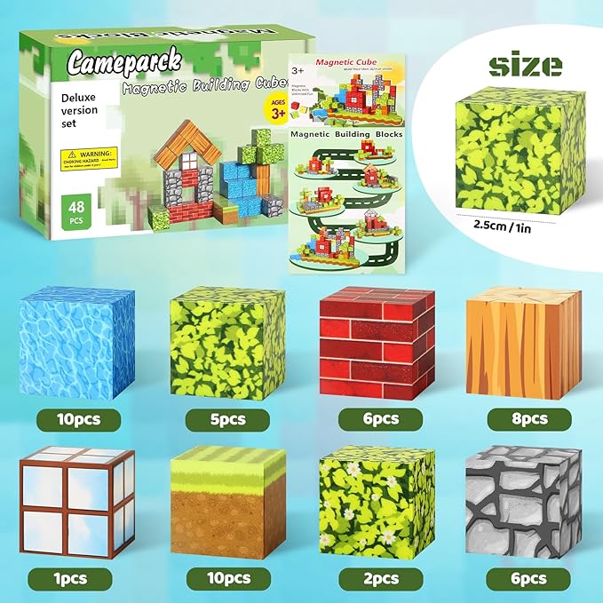 Cameparck Magnetic Blocks Building Toys, Magnetic Tiles STEM Montessori Sensory Toys for Kids Age 3+, Cubes Construction Toys Christmas Birthday Gifts for Boys & Girls - 48pcs(1 in)|Forest World