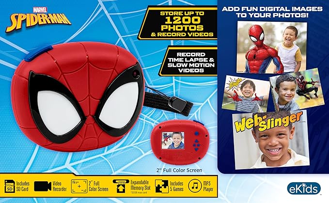 ekids Spiderman Kids Camera with SD Card, Digital Camera for Kids with Video Recording, Built-in Digital Stickers for Fans of Spiderman Gifts