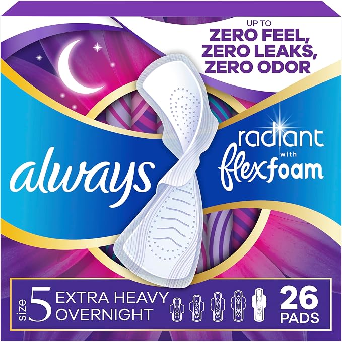 Always Radiant Feminine Pads for Women, Flexfoam Pads with Wings, Size 5, Extra Heavy Overnight Absorbency, Lightly Scented, 26 Count