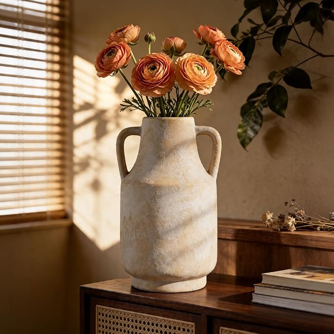 Ceramic Flower Vase, 10.6" Rustic Farmhouse Decorative Vase, Wide Ceramic Pottery Vase for Fresh Flowers, Pampas Grass, Living Room, Fireplace Mantel, Table and Shelf Decor