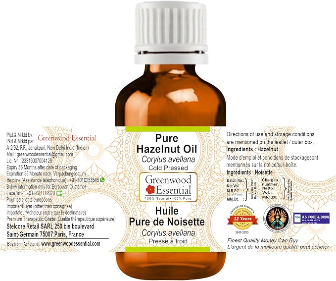 Greenwood Essential Pure Hazelnut Oil (Corylus avellana) Cold Pressed (Pack of Two) 100ml X 2 (6.76 oz)