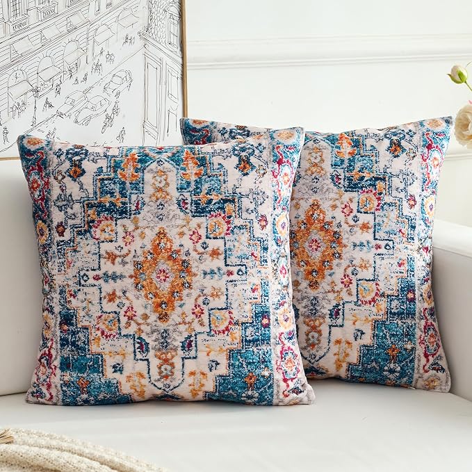 Boho Throw Pillow Covers 20x20 inch Set of 2,Boho Vintage Carpet Pattern Antique Ethnic Decor Double Sided Pattern Cushion Cover Soft Pillow Case Living Sofa Room Bed Square Pillow Cover