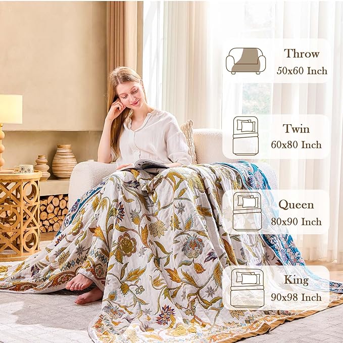 XIBLC Fall Throw Blanket for Couch, Brown Boho Decorative Throw Blanket, 100% Cotton Muslin Breathable Woven Farmhouse Blankets Quilt, 90"x98" Reversible Lightweight Blankets Bohemian Throw Quilt